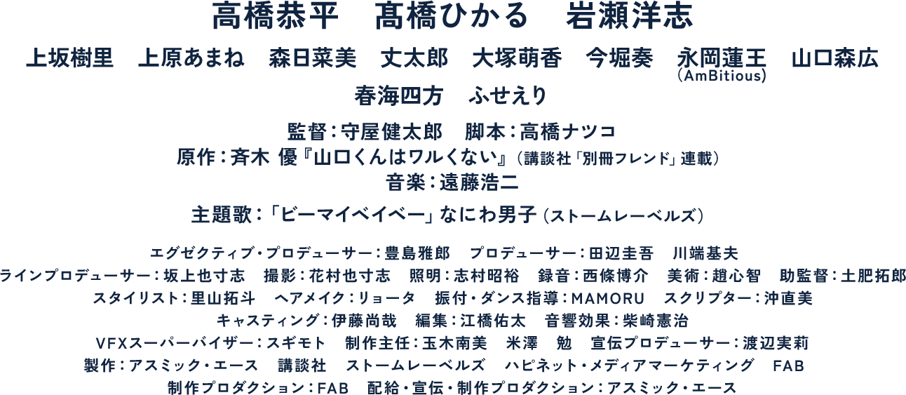 高橋恭平　髙橋ひかる　岩瀬洋志
上坂樹里　上原あまね　森日菜美　丈太郎　大塚萌香　今堀奏　永岡蓮王（AmBitious)　山口森広
春海四方　ふせえり
監督：守屋健太郎　脚本：高橋ナツコ
原作：斉木 優『山口くんはワルくない』（講談社「別冊フレンド」連載）
音楽：遠藤浩二
主題歌：「ビーマイベイベー」なにわ男子（ストームレーベルズ）
エグゼクティブ・プロデューサー：豊島雅郎　プロデューサー：田辺圭吾　川端基夫　
ラインプロデューサー：坂上也寸志　撮影：花村也寸志　照明：志村昭裕　録音：西條博介　美術：趙心智　助監督：土肥拓郎
スタイリスト：里山拓斗　ヘアメイク：リョータ　振付・ダンス指導：MAMORU　スクリプター：沖直美
キャスティング：伊藤尚哉　編集：江橋佑太　音響効果：柴崎憲治
VFXスーパーバイザー：スギモト　制作主任：玉木南美　米澤　勉　宣伝プロデューサー：渡辺実莉
製作：アスミック・エース　講談社　ストームレーベルズ　ハピネット・メディアマーケティング　FAB　
制作プロダクション：FAB　配給・宣伝・制作プロダクション：アスミック・エース
